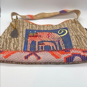 Laurel Burch Tan and Red Shoulder Bag with Bohemian Flair
